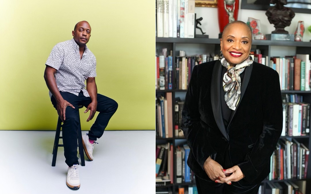 Portraits of a man stilling on a stool and a woman standing in front of a bookshelf